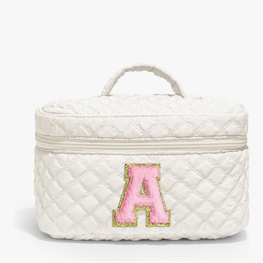 Quilted White Cosmetic Bag with Pink Initial